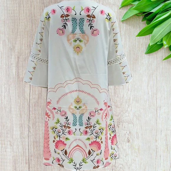 Boho Floral Lace V-Neck 3/4 Sleeve Mini Dress - Size Large - Picture 2 of 3